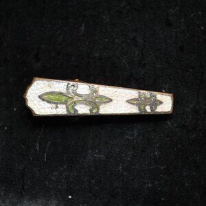 Antique Green & White Guilloche Enamel Fleur de Lis Lingerie Clip